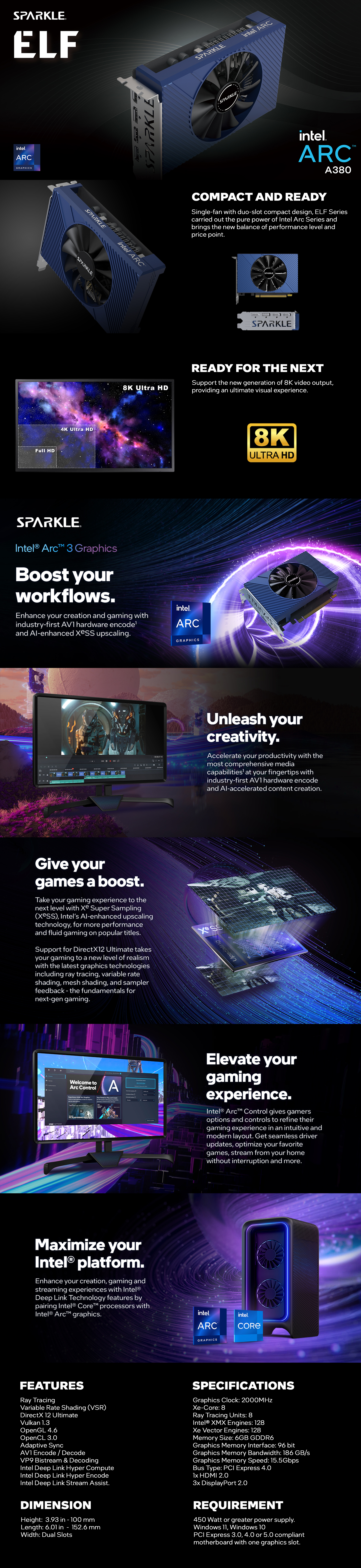 A large marketing image providing additional information about the product SPARKLE Intel Arc A380 ELF 6GB GDDR6 - Additional alt info not provided